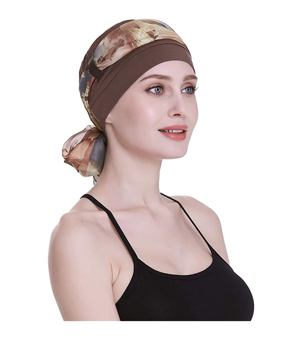 Berets Elegant Chemo Cap With Silky Scarfs For Cancer Women Hair Loss Sleep Beanie - Brown - CP18LXZQ20K