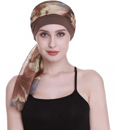 Berets Elegant Chemo Cap With Silky Scarfs For Cancer Women Hair Loss Sleep Beanie - Brown - CP18LXZQ20K