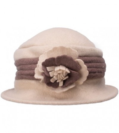 Bucket Hats Two-Tone Retro Womens Wool Warm Flower Band Dress Bucket Cloche Cap Hat A217 - Beige - CN12MBQWKXR