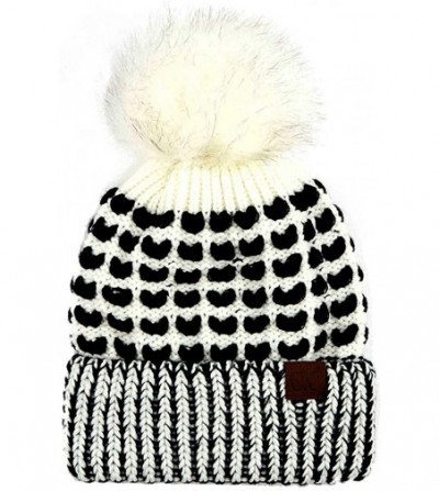 Skullies & Beanies Women's Heart Love Pattern Warm Beanie Hat with Pom Pom - Ivory - CV18Y9ZIRUU