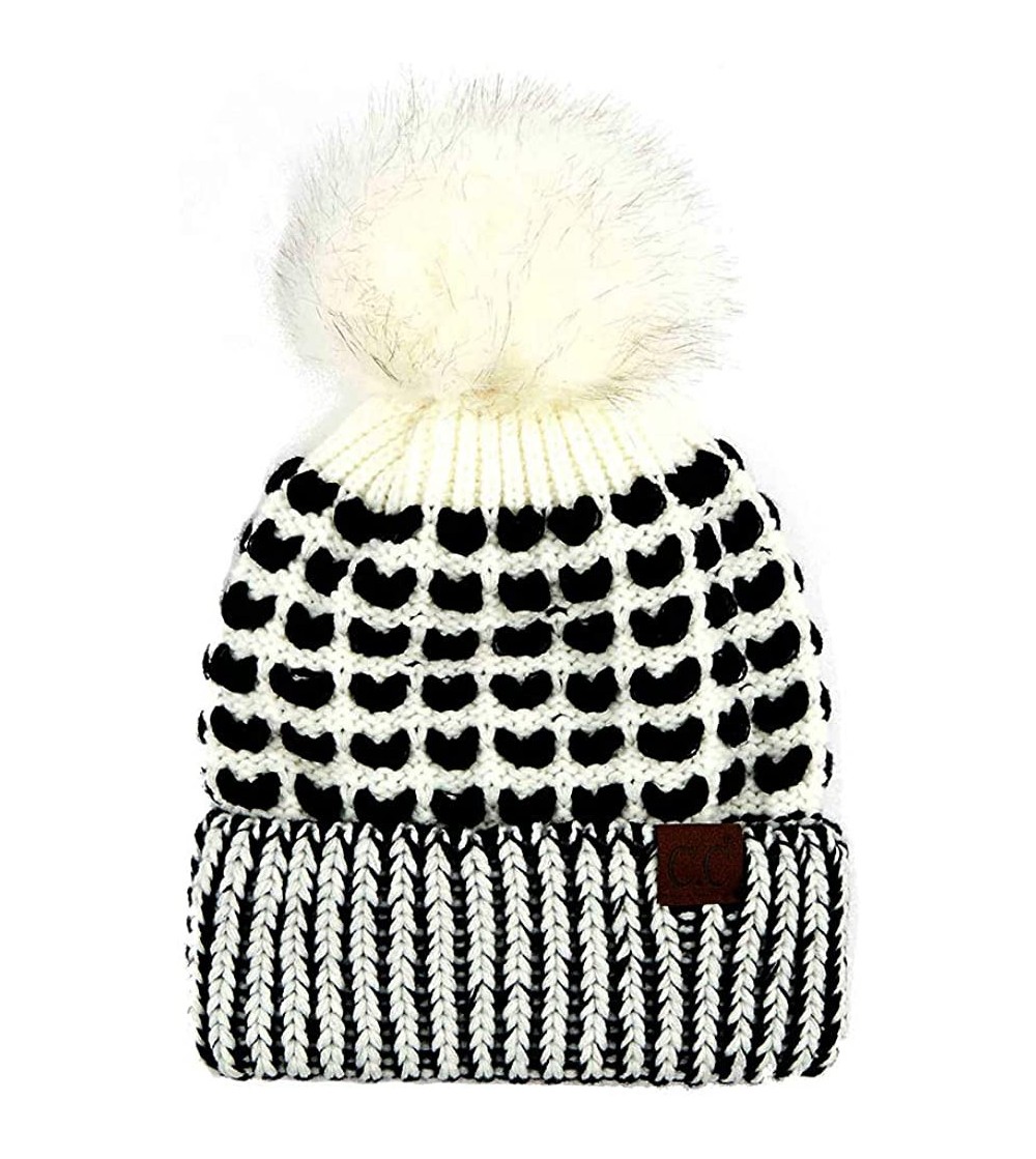 Skullies & Beanies Women's Heart Love Pattern Warm Beanie Hat with Pom Pom - Ivory - CV18Y9ZIRUU