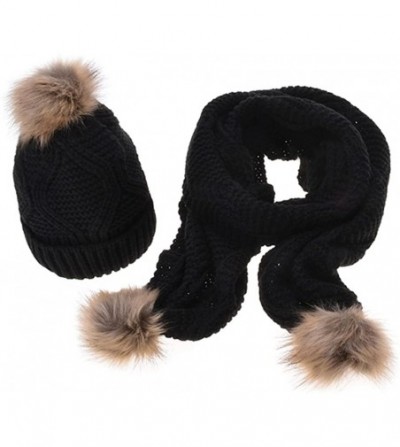 Skullies & Beanies Women Girls Cable Knit Beanie Skully Cap Warm Soft Pom Pom Hat Scarf Set - Black - CW18ASCYHSE