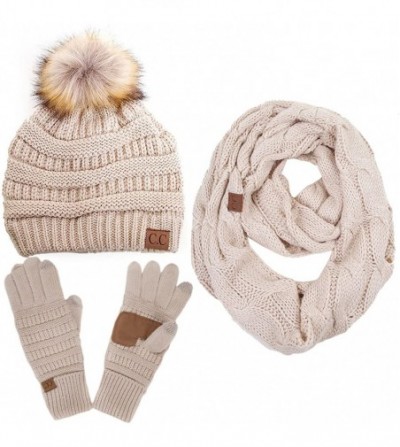 Skullies & Beanies 3pc Set Trendy Warm Chunky Soft Stretch Cable Knit Pom Pom Beanie- Scarves and Gloves Set - Beige - CX18H7...