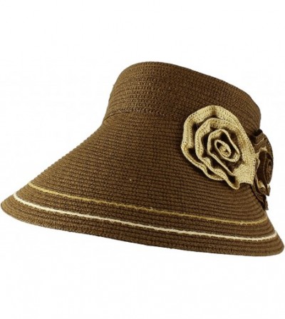 Visors Women's Roll Up Wide Brim Sun Visor Hat with Flower Trim - Brown - CE11MF6OV3B