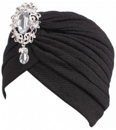 Skullies & Beanies Women Solid Diamond Rhinestone Pre Tied Cancer Chemo Hat Beanie Turban Headband Wrap Cap - Black - CX1869C...