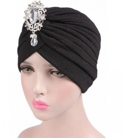 Skullies & Beanies Women Solid Diamond Rhinestone Pre Tied Cancer Chemo Hat Beanie Turban Headband Wrap Cap - Black - CX1869C...