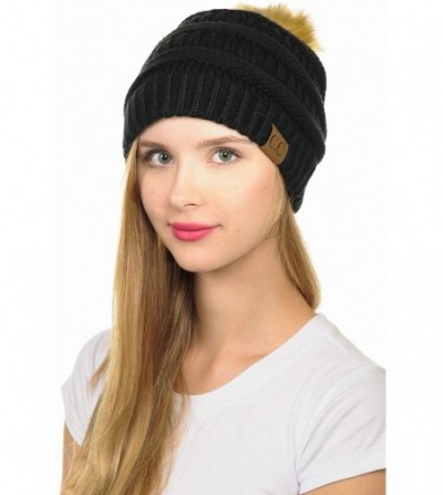 Skullies & Beanies Hat-43 Thick Warm Cap Hat Skully Faux Fur Pom Pom Cable Knit Beanie - Black - CP18X6SLLEE