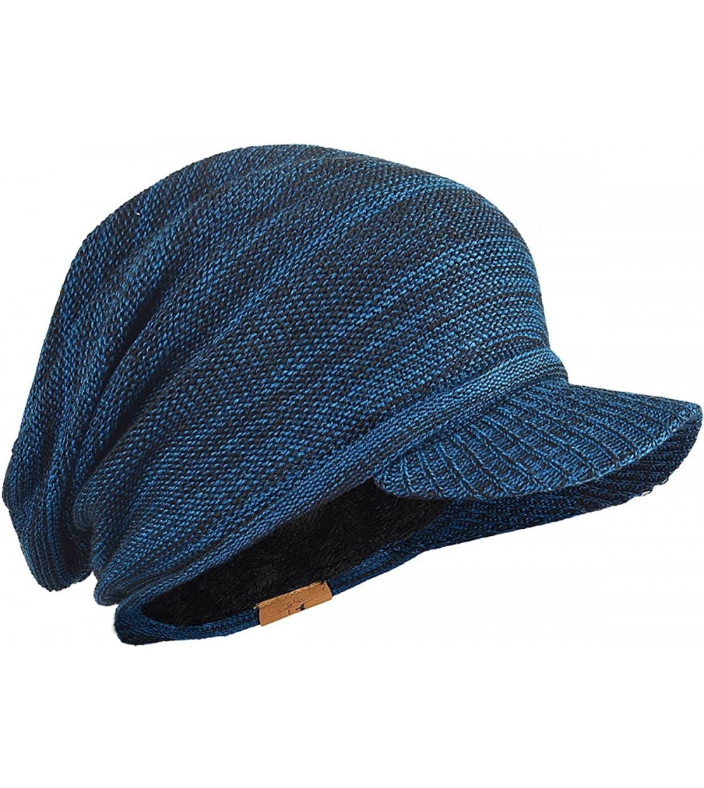 Skullies & Beanies Men Stripe Knit Visor Beanie Hat for Winter - B319-blue - CQ186GU5AWU