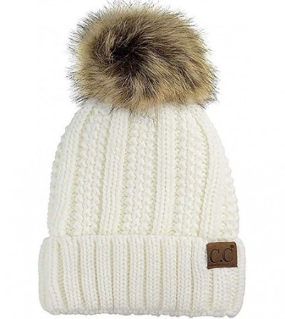 Skullies & Beanies Thick Cable Knit Faux Fuzzy Fur Pom Fleece Lined Skull Cap Cuff Beanie - Ivory 1 - C8195D42QSC