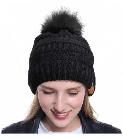 Skullies & Beanies 3 Pieces Knit Beanie Hat with Faux Fur Pom Hat Winter Baggy Cap Warm Bobbles Hat for Women - Black- Beige-...