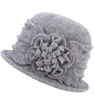 Bucket Hats 1920s Gatsby Womens Flower 100% Wool Warm Beanie Bow Hat Cap Crushable - Grey - CB188L3HEWG