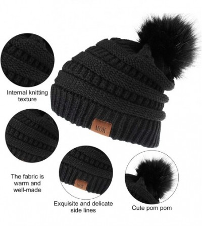 Skullies & Beanies 3 Pieces Knit Beanie Hat with Faux Fur Pom Hat Winter Baggy Cap Warm Bobbles Hat for Women - Black- Beige-...