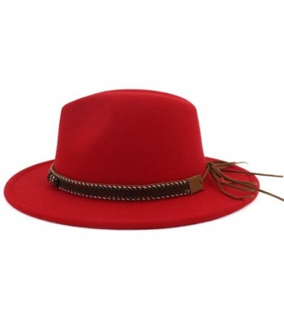 Fedoras Men Women Ethnic Felt Fedora Hat Wide Brim Panama Hats with Band - Red - C218L2CTEK0