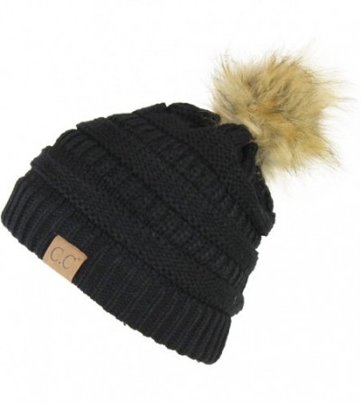 Skullies & Beanies Chunky Cable Knit Beanie Hat w/Faux Fur Pom Pom - Winter Soft Stretch Skull Cap - Black - CX12MAJT5RH