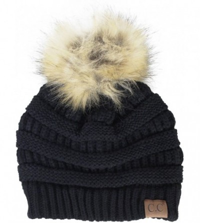 Skullies & Beanies Chunky Cable Knit Beanie Hat w/Faux Fur Pom Pom - Winter Soft Stretch Skull Cap - Black - CX12MAJT5RH