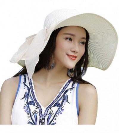 Sun Hats Women Big Bowknot Straw Hat Floppy Foldable Roll up UV Protection Beach Cap Sun Hat - Ivory White - CQ189W5ZXK6