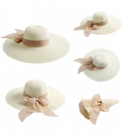 Sun Hats Women Big Bowknot Straw Hat Floppy Foldable Roll up UV Protection Beach Cap Sun Hat - Ivory White - CQ189W5ZXK6