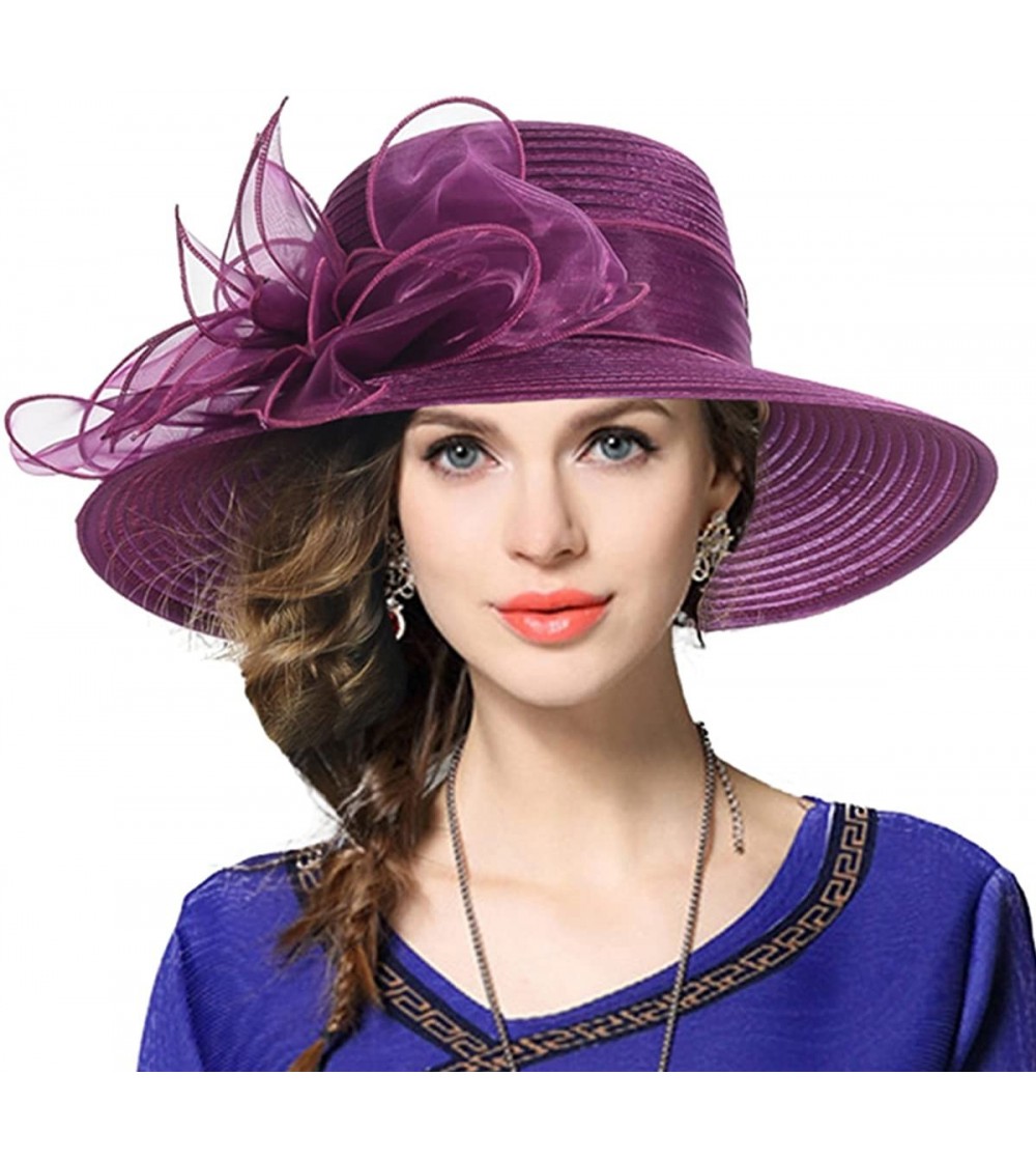 Sun Hats Kentucky Derby Church Dress Hat Wide Brim Leaf Flower Bridal Shower Hat - Purple - CM12LFBLQL1
