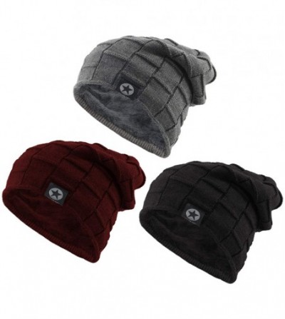 Skullies & Beanies Winter Beanie for Men Cable Knit Wool Fabric Warm Hat Thick Soft Stretch Caps 1-3 Pairs - 3 Pairs Black&gr...