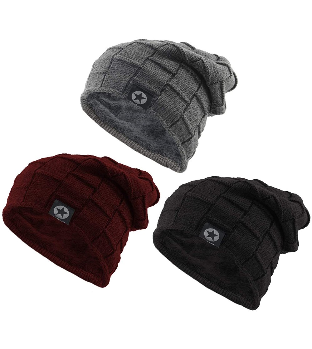 Skullies & Beanies Winter Beanie for Men Cable Knit Wool Fabric Warm Hat Thick Soft Stretch Caps 1-3 Pairs - 3 Pairs Black&gr...
