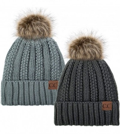 Skullies & Beanies Thick Cable Knit Hat Faux Fur Pom Fleece Lined Cap Cuff Beanie 2 Pack - Dk Melange/Natural Grey - CB1924AOGRS