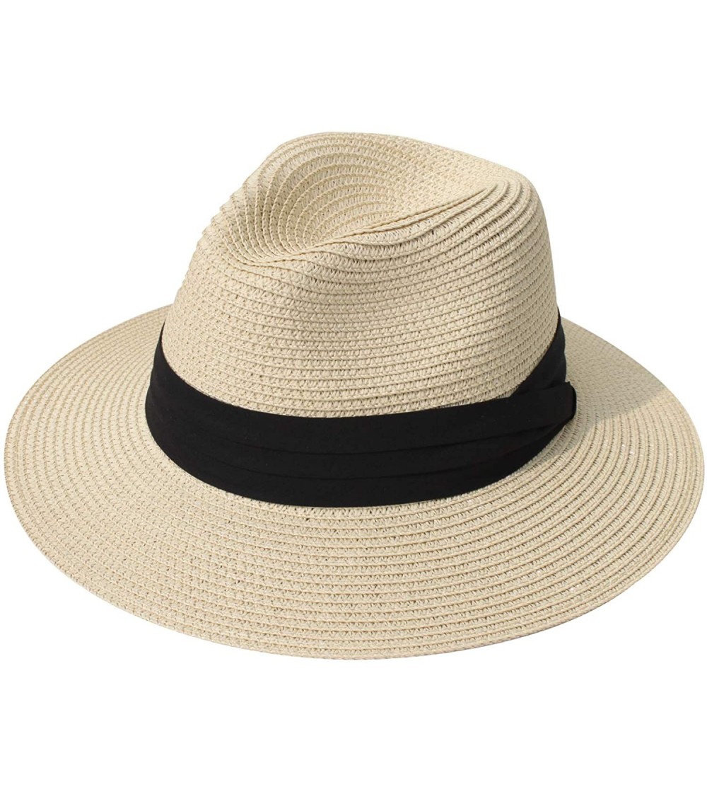 Sun Hats Women Straw Panama Hat Fedora Beach Sun Hat Wide Brim Straw Roll up Hat UPF 30+ - Za Fedora Beige - CQ18AI79I4Q