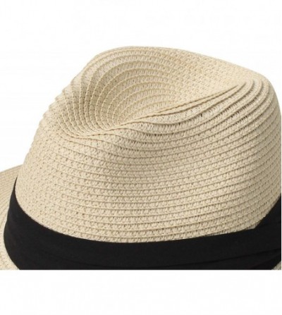 Sun Hats Women Straw Panama Hat Fedora Beach Sun Hat Wide Brim Straw Roll up Hat UPF 30+ - Za Fedora Beige - CQ18AI79I4Q