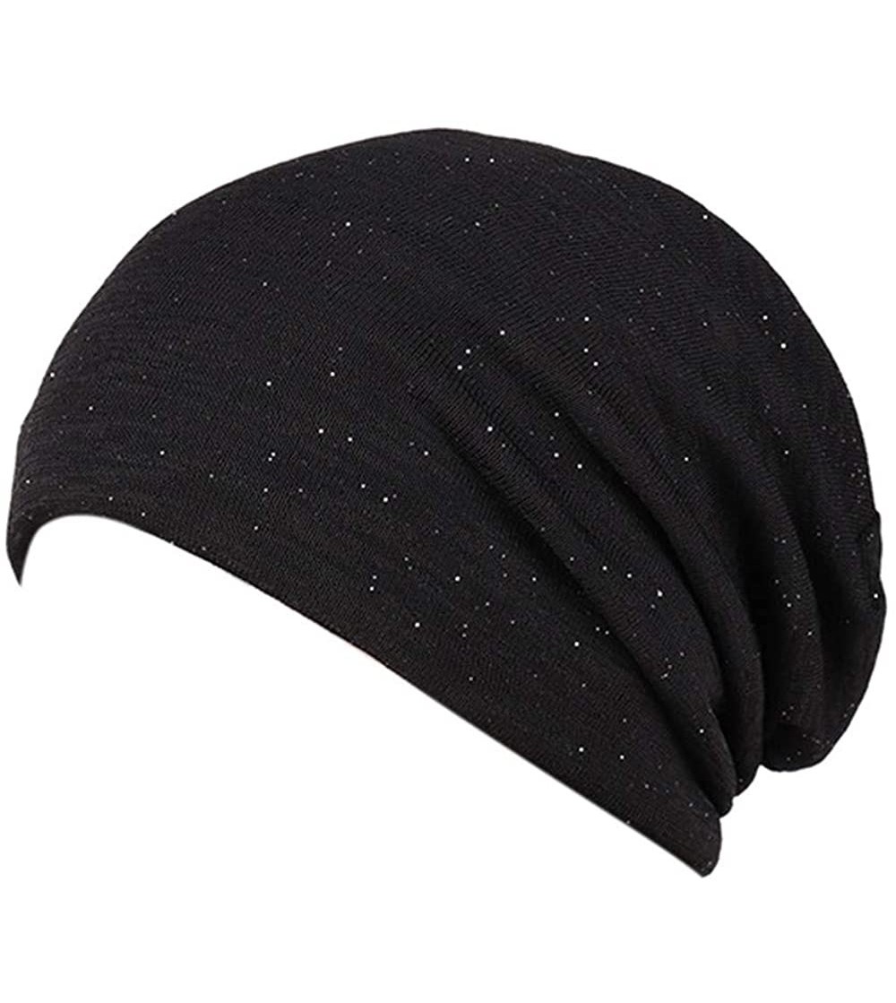 Skullies & Beanies Cotton Beanies Glitter Winter Wool Warm Hat Daily Slouch Chic Hat Soft Sleep Cap (Black) - CP18I8I3DXD