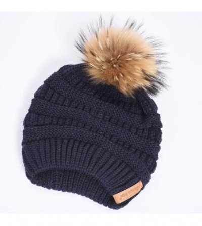Skullies & Beanies Women Winter Knitted Beanie Pompom Hat Warm Solid Skull Ski Caps Real Raccoon Fur Ball Furry Acrylic - Nav...