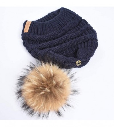 Skullies & Beanies Women Winter Knitted Beanie Pompom Hat Warm Solid Skull Ski Caps Real Raccoon Fur Ball Furry Acrylic - Nav...