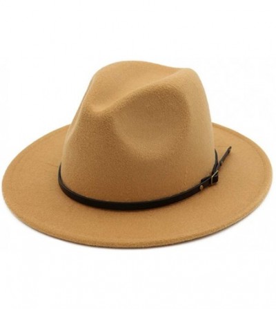 Fedoras Womens Classic Wide Brim Floppy Panama Hat Belt Buckle Wool Fedora Hat - Khaki - CN18SKD7474