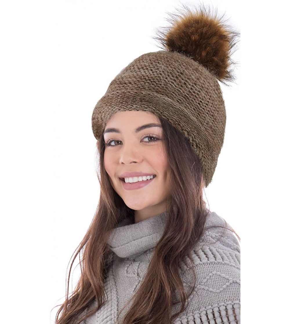 Skullies & Beanies Adult Chunky Cable Knit Beanie with Yarn Pompom - Mix Tan - CL18M59QDME