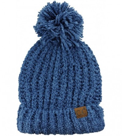 Skullies & Beanies Women's Chenille Soft Stretchy Pom Cuffed Knit Beanie Cap Hat - Dark Denim - CZ18IQHR6W9