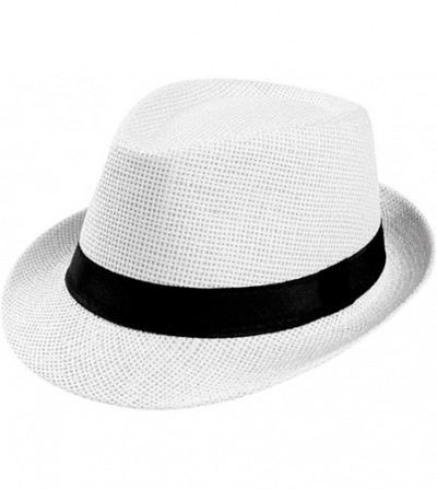 Fedoras Wide Brim Straw Fedora Beach Sun Hat Women or Men Woolen Felt Vintage Short Brim Crushable Jazz Hat UPF50+ White - CT...