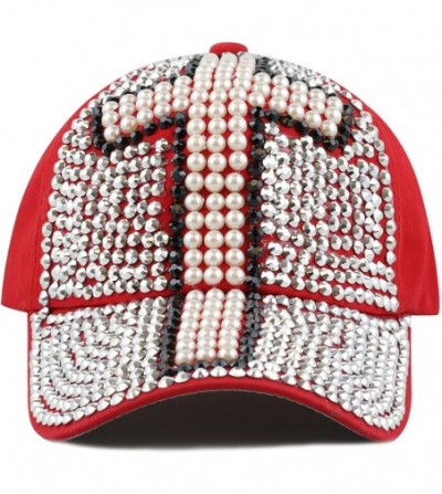 Baseball Caps Premium Quality Bling `Cross` Studded and Pearl Cotton Cap - Red - CO12G5E3DBJ