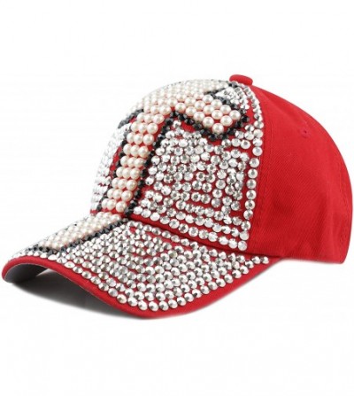 Baseball Caps Premium Quality Bling `Cross` Studded and Pearl Cotton Cap - Red - CO12G5E3DBJ