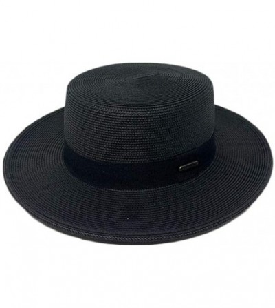 Sun Hats Womens Flat Top PP Straw Panama Summer Boater Dress Beach Sun Hat - Black - C21960QL5IT