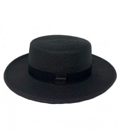 Sun Hats Womens Flat Top PP Straw Panama Summer Boater Dress Beach Sun Hat - Black - C21960QL5IT