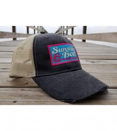 Baseball Caps Sunshine and Beer That's Why I'm Here- Square Patch Work- Distressed Black Trucker Hat - CF18N85MQ89
