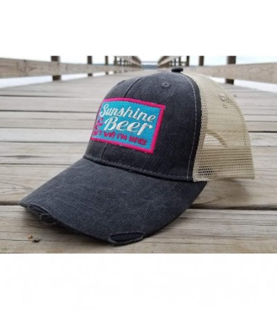 Baseball Caps Sunshine and Beer That's Why I'm Here- Square Patch Work- Distressed Black Trucker Hat - CF18N85MQ89