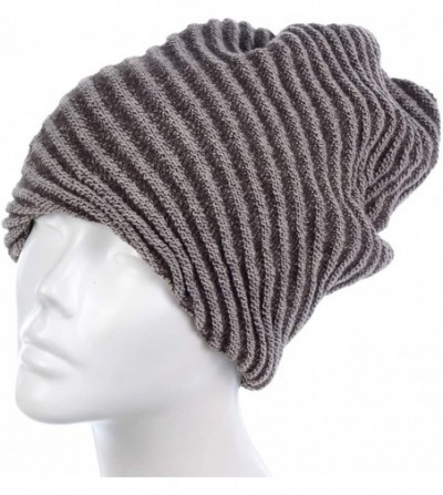 Skullies & Beanies Winter Womens Fashion Bun Ponytail Fleece Lined Slouchy Knit Beanie Hat - Brown Diagonal Stripes Ponytail ...