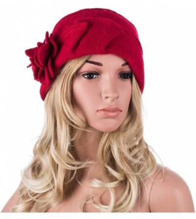Berets Solid Color 1920s Womens 100% Wool Flower Winter Bucket Cap Beret Hat A376 - Red - CF12MA89Y18