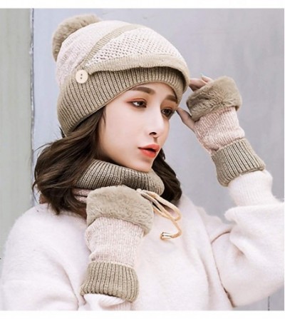 Skullies & Beanies Winter Beanie Hat Scarf and Mask Set 3 Pieces Thick Warm Slouchy Knit Cap - Khaki_4 Pcs - CO18Z65OLW7