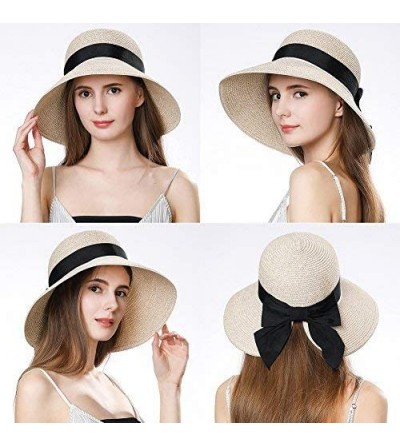 Bucket Hats Packable UPF Straw Sunhat Women Summer Beach Wide Brim Fedora Travel Hat 54-59CM - 89015_beige-a - CQ12D6RDGKB