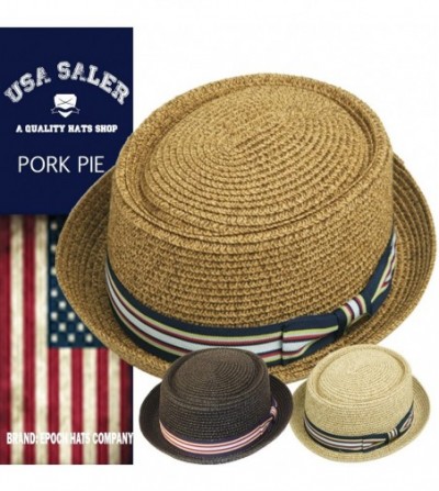 Fedoras Men's Fancy Summer Straw Pork Pie Derby Fedora Upturn Brim Hat - Natural - CJ12FFO0P9D