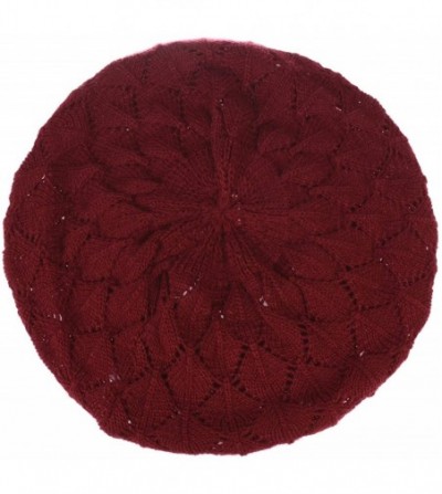 Berets Chic Soft Knit Airy Cutout Lightweight Slouchy Crochet Beret Beanie Hat - Red Wine Leafy - CU18AQ0NO0N