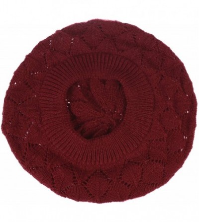 Berets Chic Soft Knit Airy Cutout Lightweight Slouchy Crochet Beret Beanie Hat - Red Wine Leafy - CU18AQ0NO0N