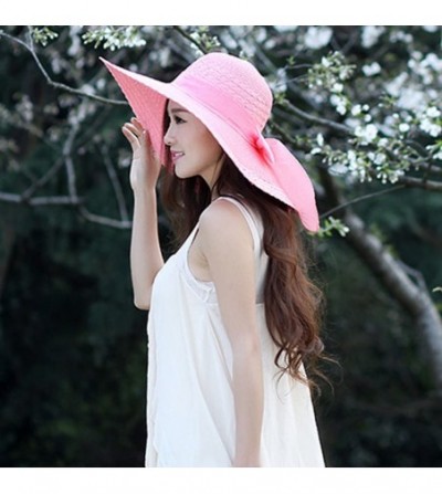Sun Hats Women Girl Ribbon Criss Cross Pattern Wide Brim Straw Hat FFH156PUR - Pink - CS11L0RB6PR
