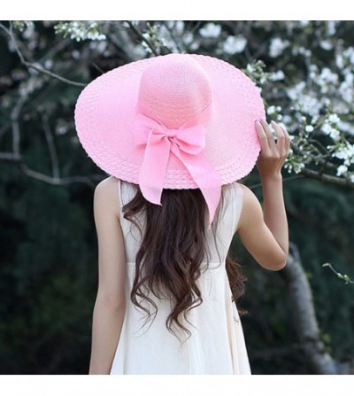 Sun Hats Women Girl Ribbon Criss Cross Pattern Wide Brim Straw Hat FFH156PUR - Pink - CS11L0RB6PR