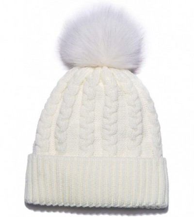 Skullies & Beanies Womens Winter Knit Slouchy Beanie Hat Warm Skull Ski Cap Faux Fur Pompom Hats for Women - White - CD18ZUWK27W